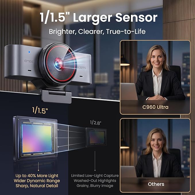 EMEET C960 Ultra 4K Webcam for Mac & PC, 1/1.5" Large Sensor, Metal Body | 0.2s Autofocus, DRC, Whiteboard Mode, Built-in Privacy Cover, 2 Mics, USB Webcam 4K for Meetings, Streaming, Content Creation - Image 2
