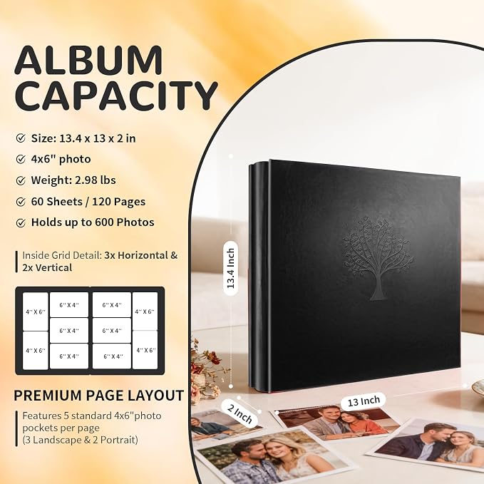 Photo Album 4x6 600 Pockets Photos, Large Capacity Leather Cover Photo Book | Slip-In Horizontal & Vertical Pockets Acid-Free Waterproof Picture Albums Great for Family Baby Wedding Holiday & Anniversary - Image 2