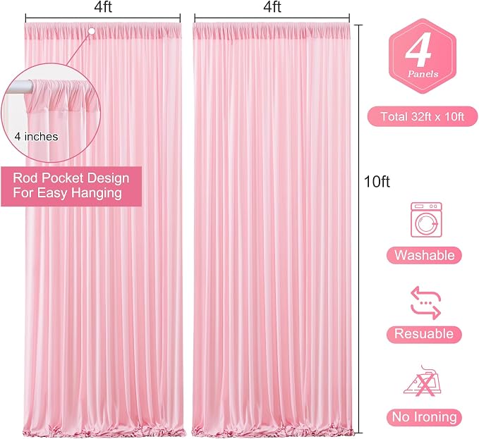 Pink Backdrop Curtains-Wrinkle-Free Polyester Photography Drapes Party Curtain Background for Baby Shower Wedding Decorations- 16 X10FT (Pink) - Image 3