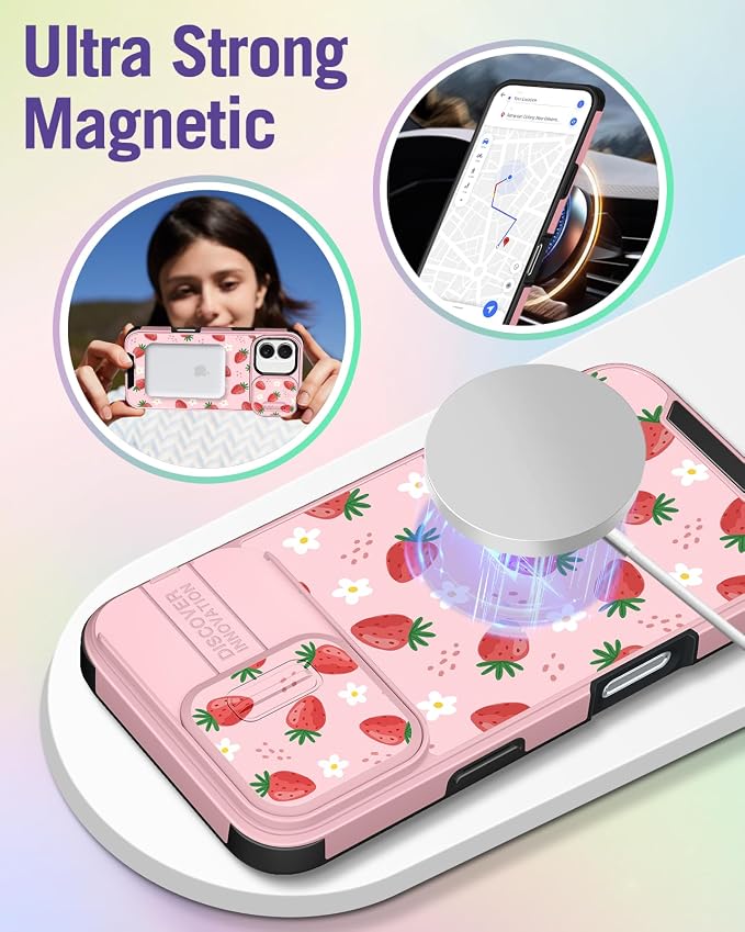 Buleens for iPhone 17 Case 6.3 Inch - with Ring Stand & Camera Cover Aesthetic Cute Designed for Women Girls Pretty Girly Kawaii Strawberry Teens Phone Case for iPhone 17 Compatible with Magsafe - Image 4