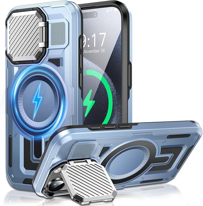 Camera Stand Case for iPhone 15 Pro, [Compatible with MagSafe] [Lens Cover] 2024 Version Military Grade Protective Soft Case for iPhone 15 Pro 6.1 inch Men Women, Blue by WASTROYAL