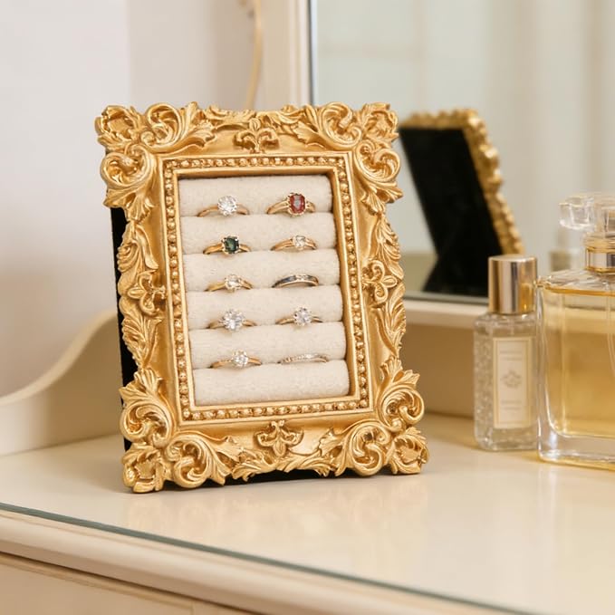 Vintage Gold Ring Frame Holder for Women, 3.94x3.54 In Picture Frame Engagement Ring Organizer Holder with Velvet Cushion, Jewelry Display Stand for Wedding Ceremony, Jewelry Display - Image 5
