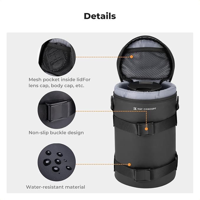 K&F CONCEPT Camera Lens Case, 3-Way Carry Pouch for Lens with Air Blower | For Lens Below 4.5" x 8.6" (D x H), 10mm Padding, Shockproof, Waterproof Zipper Lens Bag for DSLR SLR Cameras - Image 5