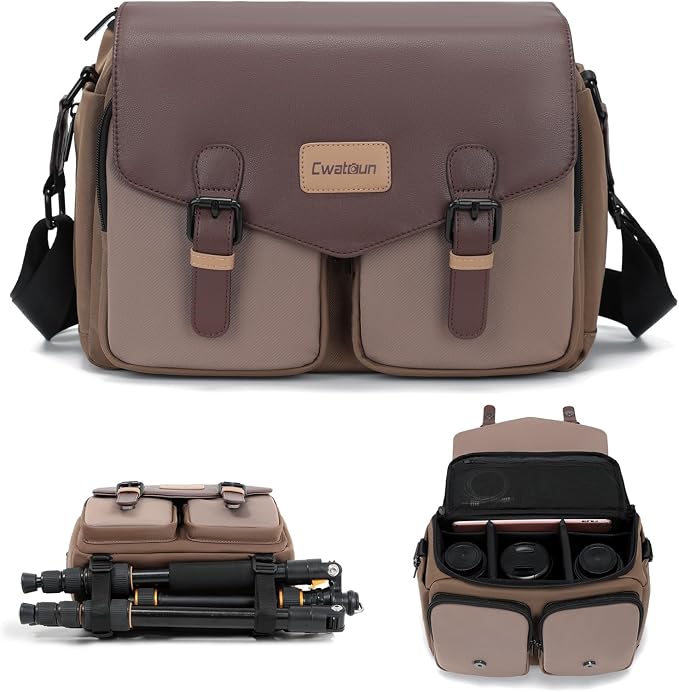 Cwatcun Large Camera Messenger Bag, Waterproof Crossbody Case with Tripod Holder by FocusonCameraBag