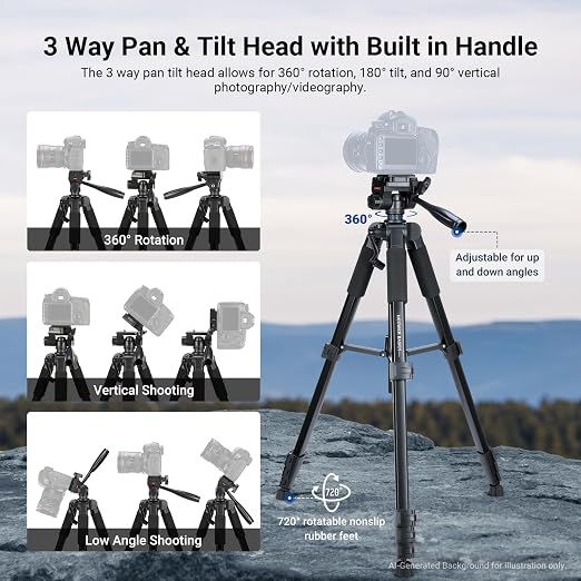 NEEWER Basics TP56 Camera Tripod, 74" Tripod with Cell Phone Holder Mount | Compatible with iPhone for Video Recording, Professional Aluminum Lightweight Portable Travel Stand, 3 Way Pan Tilt Head - Image 4