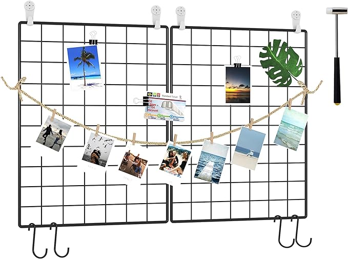 C&AHOME Photo Wall Display Set of 2, Wall Grid Panel, 17.7" x 25.6", Black | Photo Display Shelves, Wall Storagae Organizer, Hooks, Clips, Hemp Cord, Hammer by CAHOME