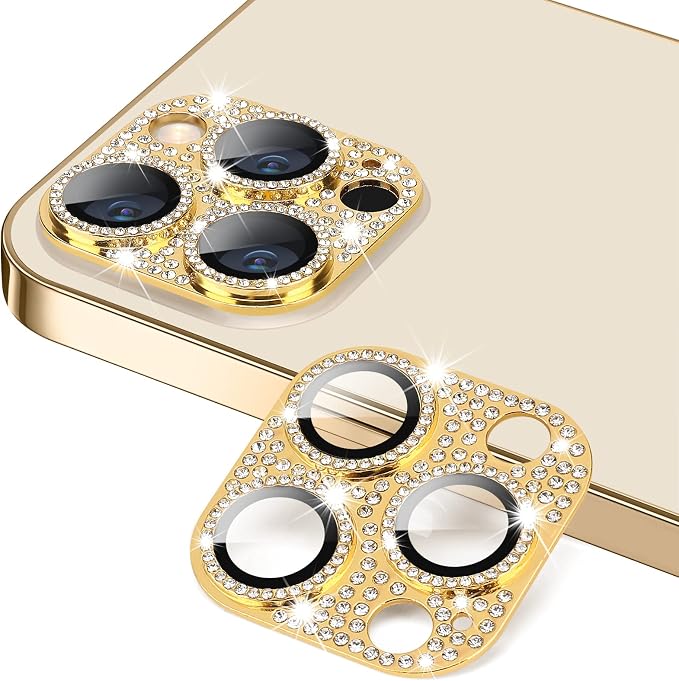 Compatible with iPhone 12 Pro Max Camera Lens Protector, Bling 3D Rhinestone Diamond Lens Cover 9H Tempered Glass Camera Cover Anti Scratch Shockproof Lens Screen Full Protective Cover - Gold by Hsefo