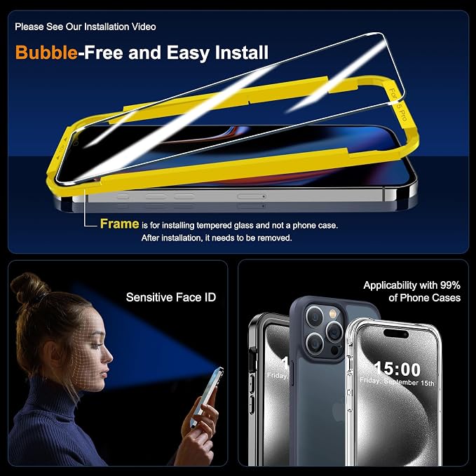 QHOHQ 3 Pack Screen Protector for iPhone 15 Pro [6.1 Inch] with 3 Pack Camera Lens Protector, Tempered Glass Film, HD Clear, 9H Hardness, No Bubbles, Case Friendly - Image 6