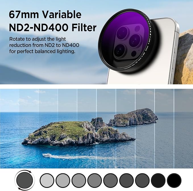 67mm Variable ND2-ND400 Filter for Phone, AR-Coated VND Lens with Metal Cold Shoe Clip, Adjustable Neutral Density Filter Compatible with iPhone 16 15 14 13 Pro Max Plus Samsung Galaxy Moto Google TCL - Image 3