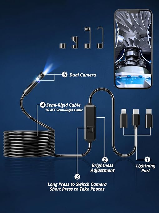 Endoscope Camera with Light, Dual-Lens 1920P HD Borescope with 8 Adjustable LED Lights, IP67 Waterproof Boroscope Inspection Tools, 16.4ft Semi-Rigid Snake Camera for iOS & Android - Image 9