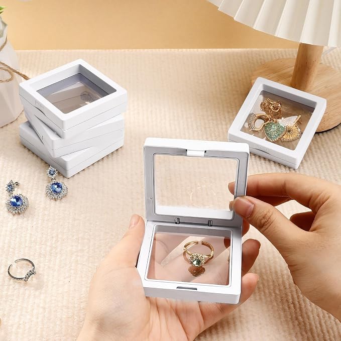 12 Pcs 3D Floating Frame Display Stand, Transparent Jewelry Gift Boxes | 2.75 x 2.75 x 0.8 Inch Small Jewelry Gift Boxes with PE Film, for Earrings Necklaces Rings Coins Specimens Crafts, White - Image 4