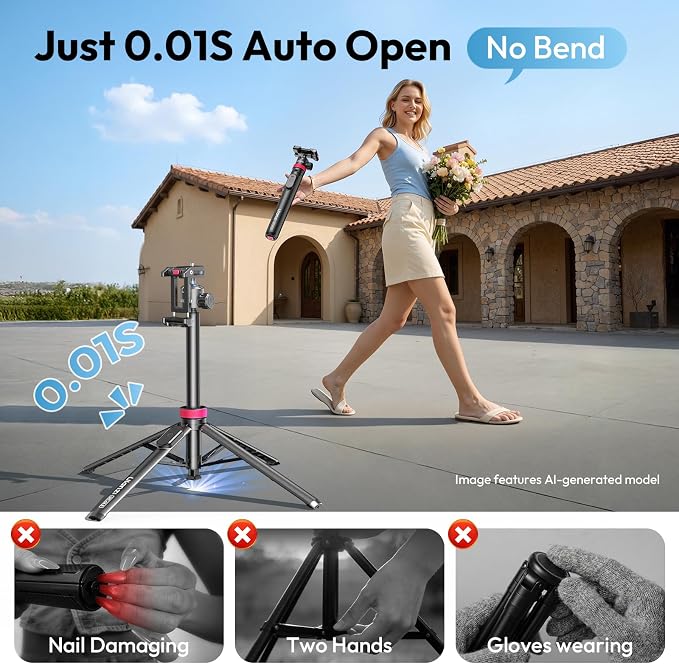 ULANZI MT-44B Phone Tripod, 59'' Auto Open Phone Stand Dual Camera Set up | 360° Ball Head, Extendable Selfie Stick w Cold Shoe, Stable Four-Leg for Filming Vlog Travel, Family Gatherings - Image 2