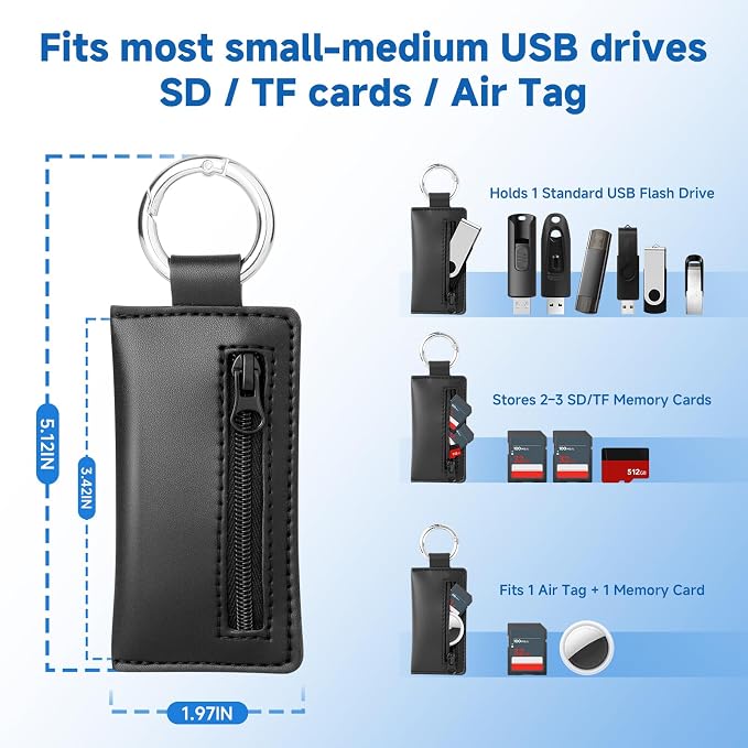 Microfiber USB Flash Drive Holder Case with Keychain | Anti-Slip Zipper Pouch, Storage Case Compatible with AirTag SD TF Card, for Small Medium USB Drives, 1PC, Black, Case Only - Image 4