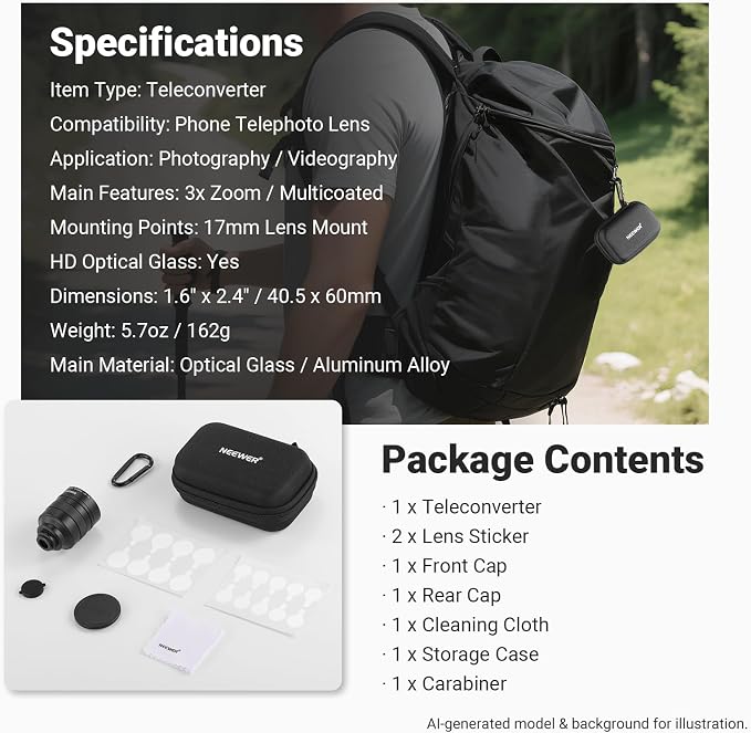NEEWER 3X Teleconverter for Phone Telephoto Lens Only, 360mm Equivalent, 12 Elements 6 Groups, 17mm Thread, Compatible with iPhone Android Samsung Xiaomi, Use with Phone Cage, Case & Tripod, LS-89 - Image 9