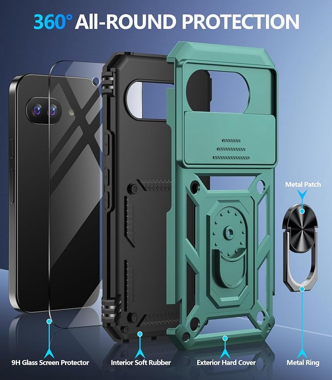 Taisairu for Google Pixel 9A Case with Screen Protector & Slide Camera Lens Cover,Built-in 360°Rotate Magnetic Ring Stand Shockproof Protective Phone Case for Google Pixel 9A Case (Green) - Image 2