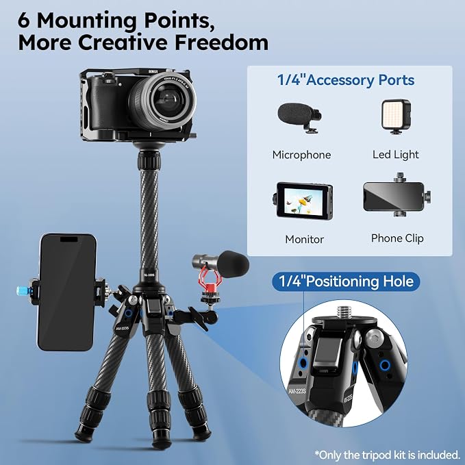 SIRUI AM-223S+SL-100S Carbon Fiber Mini Tripod, Extendable Center Column | 26" Height, 33LB Load, 1.7LB Weight, Anti-Corrosion, Desktop, Travel, DSLR, Mirrorless Camera - Image 6