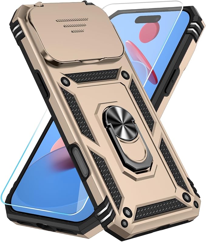SunStory Phone Case for iPhone 17 Pro Max Case with HD Screen Protector & Slide Camera Cover & Rotated Ring Kickstand, [Military-Grade] Phone Case for iPhone 17 Pro Max,Gold by SunStory