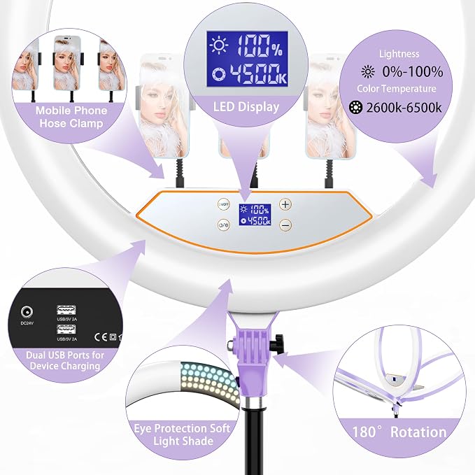MACTREM Purple 22" Ring Light for iPad iPhone with 75" Tripod Stand Barber | LCDisplay,2 Usb Ports, Fits Ipad/Tablet 12.9", 2600k-6500k Color Temperature, For Barber/Tattoo Tiktok Video Recording Vlog - Image 5