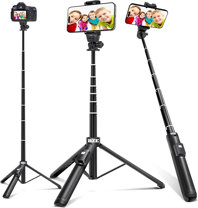 BZE 62 inches Extendable Selfie Stick Tripod with Wireless Remote & Phone Holder, Portable Aluminum Alloy 3 in 1 Stand for Group Photos, Vlogging & Travel Compatible with All Smartphones by BZE