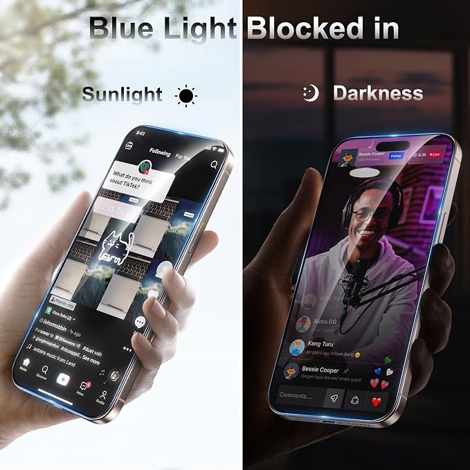 Fotbor [3+3 Pack for iPhone 16 Pro Screen Protector, Anti-Blue Light, [Eye Protection] 9H+ Tempered Glass with Camera Lens Protector - Image 4