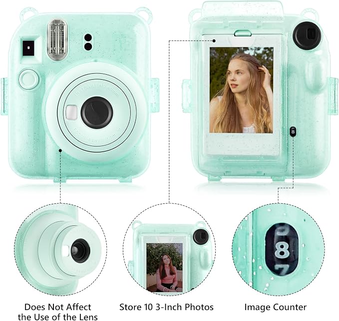 Rieibi Clear Case Compatible with Fuji Instax Mini 12 - Glitter Case Bag for Fujifilm Instax Mini 12 Instant Camera with Back Pocket, Strap and Photo Album - Glitter Green - Image 4
