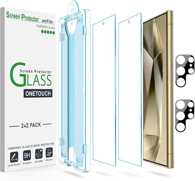 amFilm OneTouch for Samsung Galaxy S24 Ultra Screen Protector TemperedGlass | Auto-Alignment, 30s Install, Bubble Free, Scratch & Drop Protection, HD Clear, Camera Lens Protector, 2+2 Pack (S24U-6.8'') by amFilm