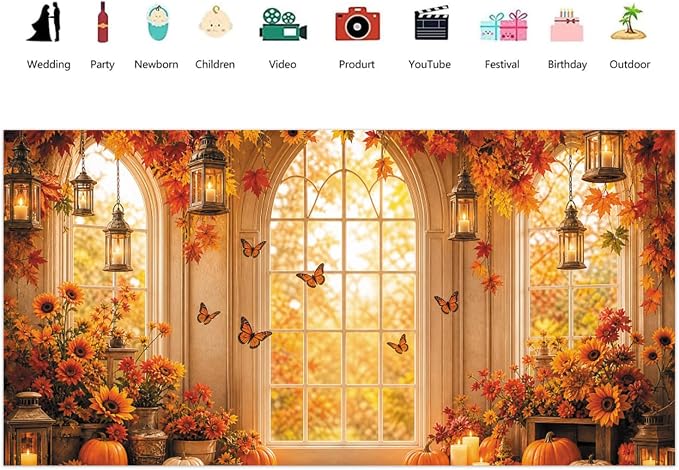 Fall Butterfly Floral Backdrop for Photography 20x10ft Autumn Window Pumpkin Maple Flowers Backdrop Thanksgiving Theme Background Birthday Party Decorations Photo Booth Props Vinyl - Image 2