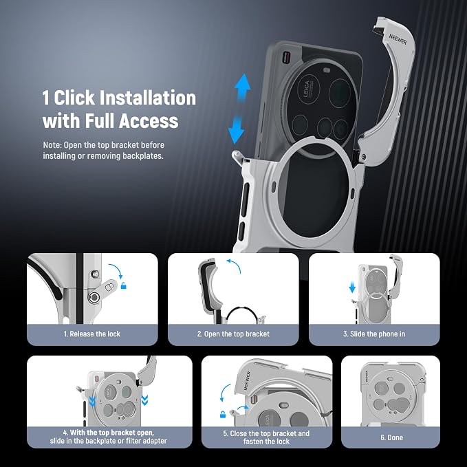 NEEWER 15 Ultra Cage, Quick Release Video Rig Case Phone Stabilizer Holder Compatible with Xiaomi 15 Ultra with 67mm Filter Adapter & 17mm Lens Backplate for Video Recording Filming, PA091 Silver - Image 2