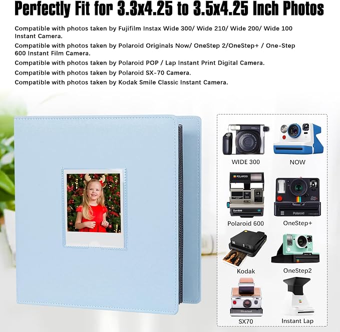 Veicevol 256-Pocket Album for Polaroid i-Type, 600 & SX-70 Photos, Blue | Designed for Fujifilm Instax Wide Photos, Water-Resistant PU Leather Cover, Front Window, Securely Holds Up to 256 Photos - Image 3
