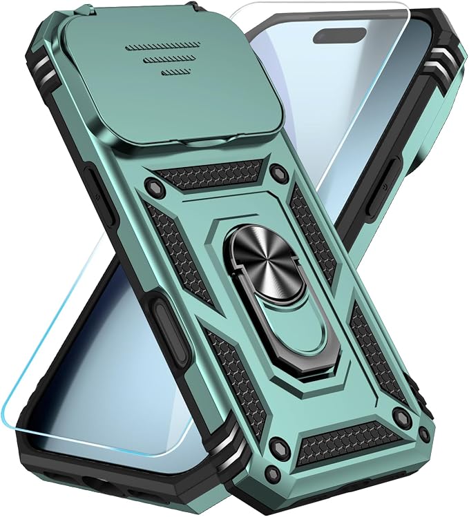 SunStory Phone Case for iPhone 17 Pro Case with HD Screen Protector & Slide Camera Cover & Rotated Ring Kickstand, [Military-Grade] Phone Case for iPhone 17 Pro, Green by SunStory