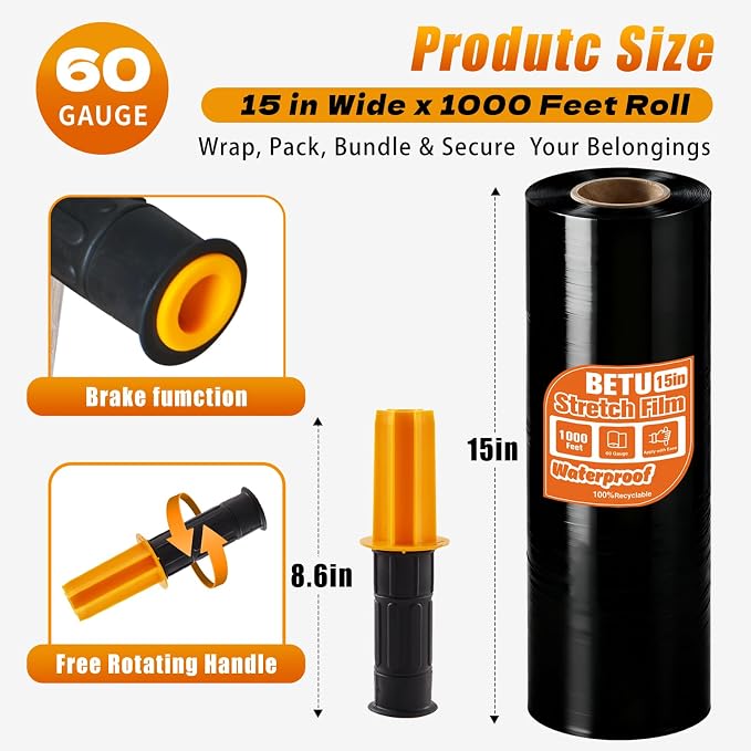 Black Stretch Film Shrink Wrap for Moving Supplies (15inch, 1 Pack) x 1000ft, Industrial Strength Plastic Wrap Stretch Roll for Pallet Wrapping Shipping Moving Boxes Storage Furniture with Handles - Image 2