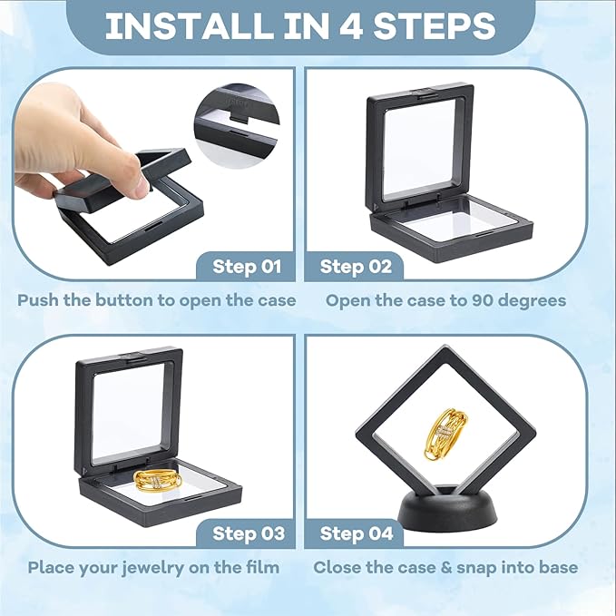 12Pcs 3D Floating Display Case Jewelry Storage Box, 3.5in Black | Clear Film, Plastic Frame, Challenge Coin Holder, For Shark Tooth Fossil Rock Gem Shell Butterfly Specimen - Image 4