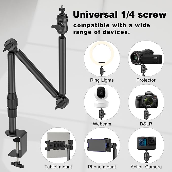 Overhead Camera Mount for Desk, 30.9" Foldable Camera Desk Mount Stand with 1/4" Screws, 360° Rotation 3-Sections Tabletop Holder with C-Clamp for DSLR, Digicam, Webcam, Mini Projector, Microphone - Image 6