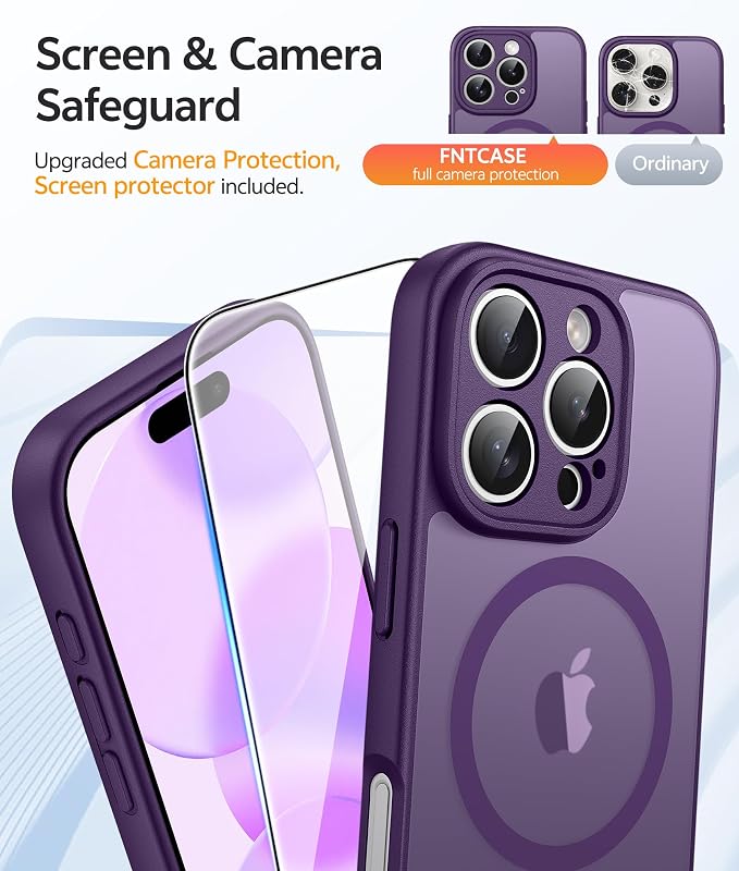 FNTCASE for iPhone 16 Pro Max Case, Fit for Magsafe, Glass Screen Protector | Full Camera Protection, Translucent Matte, 14FT Military Grade Drop Proof, Shockproof Protective Phone Cover, Purple - Image 4