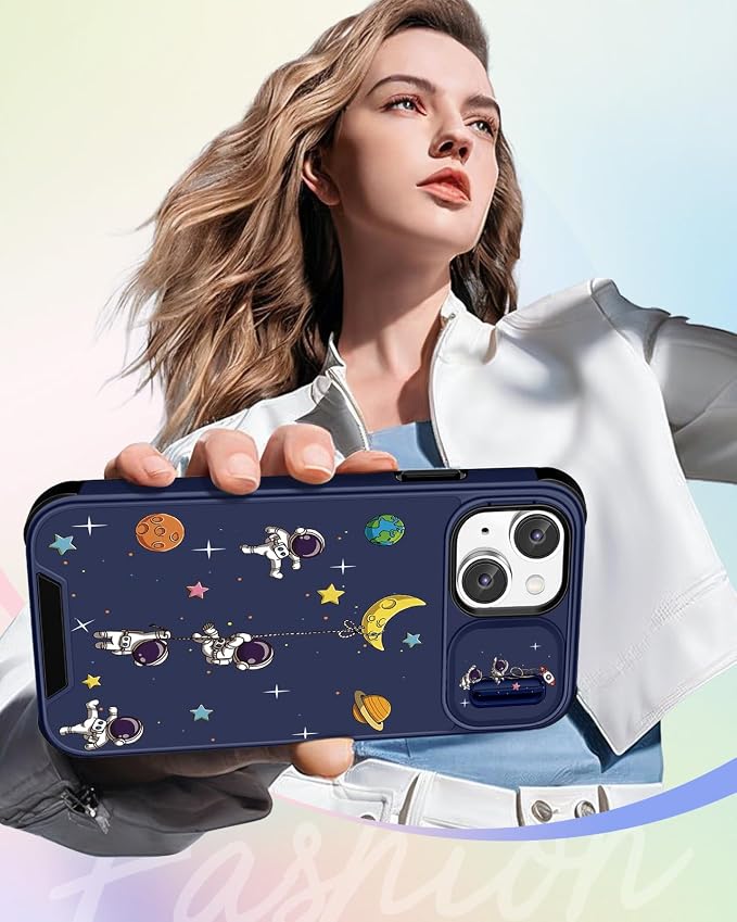 Buleens for iPhone 14 Case 6.1 Inch - with Ring Stand & Camera Cover Aesthetic Cute Designed for Women Girls Cartoon Astronaut for Phone Case for iPhone 14 Compatible with Magsafe - Image 6