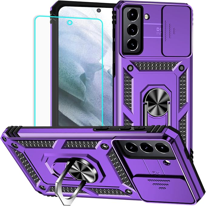 HNHYGETE for Galaxy S21 Case with Screen Protector: [Military Grade 20ft. Drop Tested] Ring Shockproof Protective Phone Case for - Samsung Galaxy S21 (Purple) by HNHYGETE