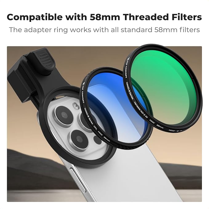 K&F CONCEPT 58mm Press-on ND2-32 Phone Lens Filter Kit | Multi-Coated VND Filter Compatible with iPhone 17/16/15/14/13/12 Standard, 16/15/14/13/12 Pro/Pro Max, FP102 - Image 4