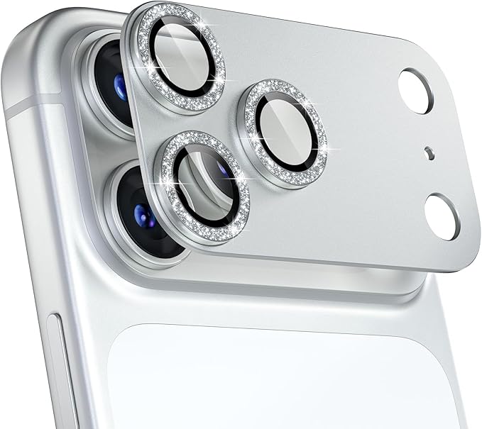 for iPhone 17 Pro Max Camera Lens Protector, Glitter Silver | [Military Grade Shatterproof] [Strong Adsorption] [Case Friendly] Matte Metal Tempered Glass Camera Screen Cover Accessories by Beuxece