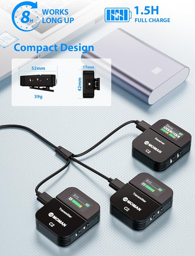 Moman Wireless Lavalier Microphone C2X, 2.4G Dual Transmitter Lapel Mic 656FT 8H for Online Class Vlog Stream YouTube for Camera Smartphone Tablet (C2X Dual) - Image 5