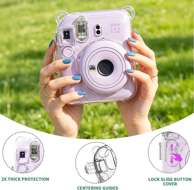 Clear Camera Case for Fujifilm Instax Mini 12, Pink Camera Strap | Protective Cover with Anti-Accidental Shutter, 4 Composition Cards, Photo Storage Holds 10 Films, Clear Hard Shell, No Camera - Image 4
