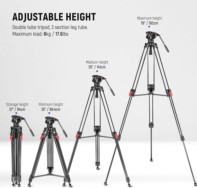 NEEWER 76" Video Camera Tripod with Fluid Head, One Step Quick Release Heavy Duty Aluminum Portable Tripod Stand with Cleaning Cloth, Dual Mode QR Plate for DSLR Camcorder, Max Load 17.6lb, LL27 - Image 2