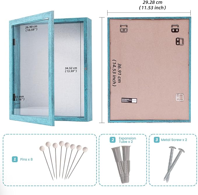 Muzilife 11x14 Shadow Box Picture Frame, 2.16 Deep, HD Glass, Rustic Blue | FSC-Wood, Magnetic Door, Linen Interior & Pins, Vertical, Horizontal Wall Hanging, Display Case Frame for Photos & Keepsakes - Image 3