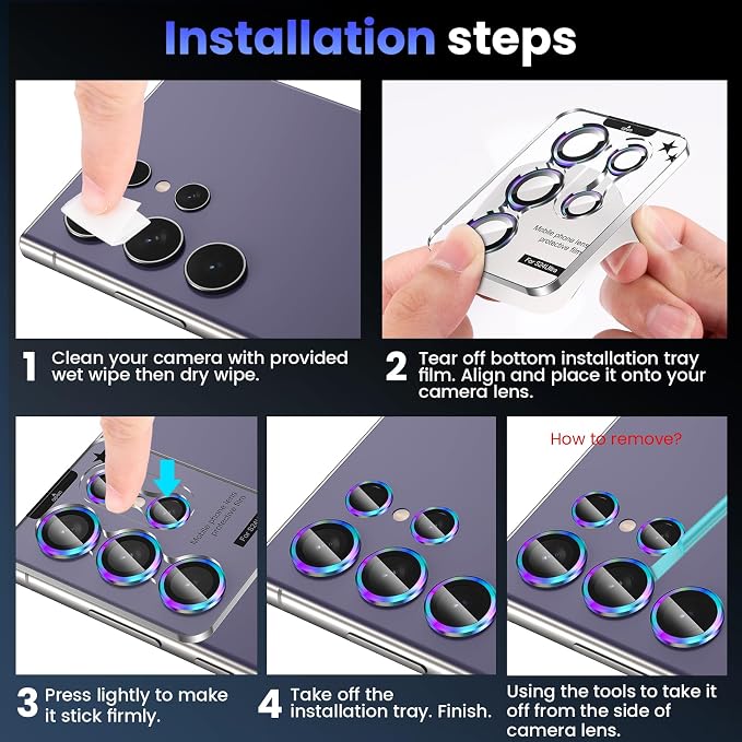 Tensea Compatible with Samsung Galaxy S24 Ultra Camera Lens Protector | 9H Tempered Glass Camera Cover Screen Protector Metal Individual Ring [Installation Tray][Case Friendly] - Image 7