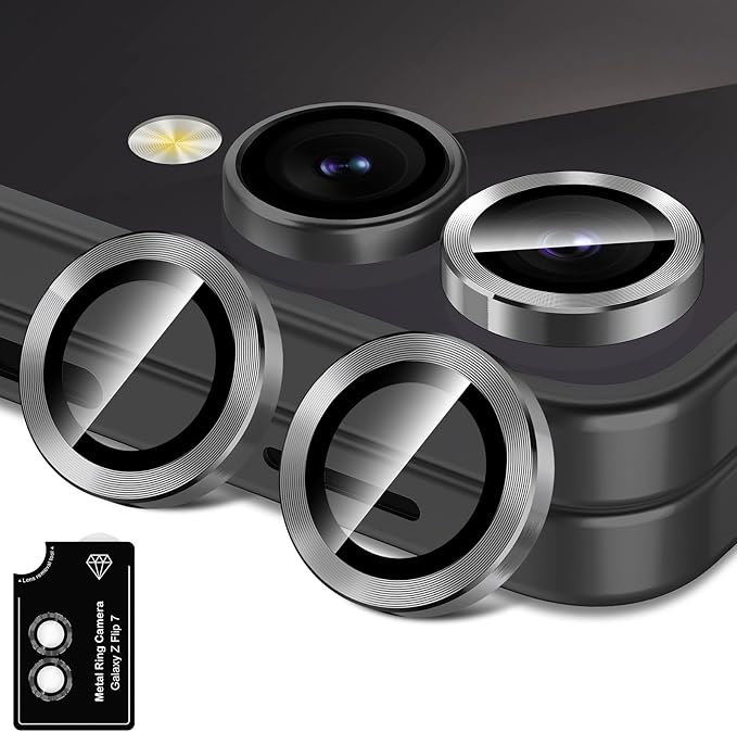 for Samsung Galaxy Z Flip 7 Camera Lens Protector, Individual Metal Ring Tempered Glass Lens Cover, [Strong Adsorption] Scratch Resistant Ultra-Thin HD Clear Lens Cover, 1 Set-Black by Btscase