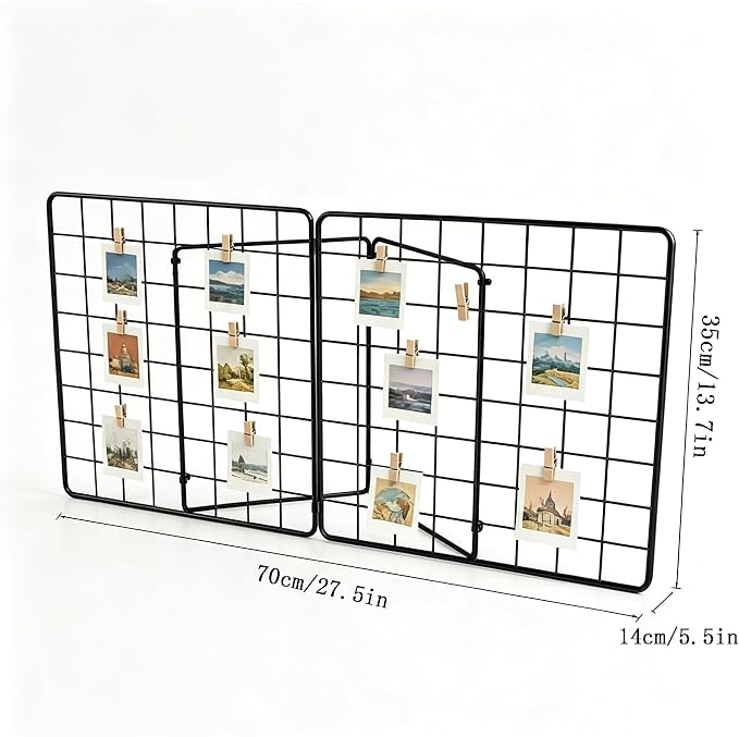 Foldable Desktop Photo Display Rack & Grid Display Board, Fold Flat for Easy Storage with 20 Wooden Clips – Photo, Accessory & Handcraft Display Organizer for Home Office Black - Image 2