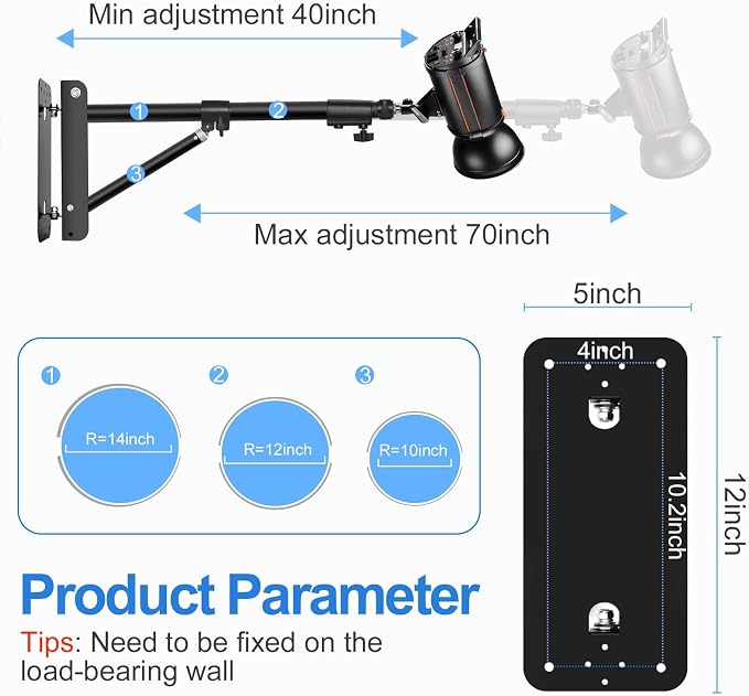 EMART Ring Light Wall Mount Boom Arm, Adjustable 71in/180cm Overhead Stand | 180°Rotation Heavy Duty Triangle Bracket Mounting Bar for Camera, Photography Lighting, Barber Led Lamp - Image 3