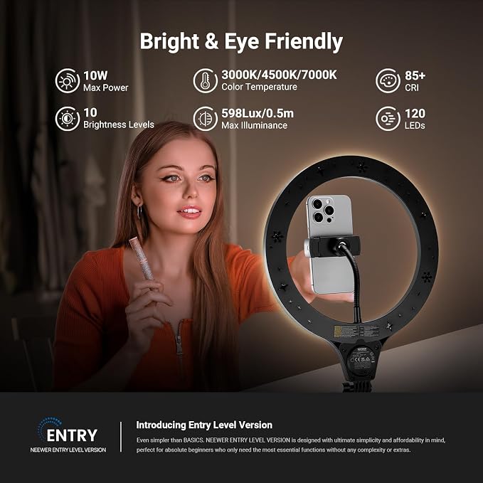NEEWER Entry Level Version 10.5" 10W Ring Light with 46"-63" Stand, Overhead Phone Holder Mount Compatible with iPhone, Bi Color LED Selfie Lighting CRI85+ for TikTok Video Recording Streaming, N44 - Image 2