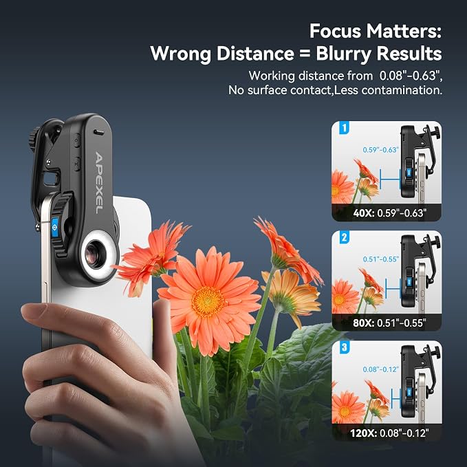 APEXEL 40x/80x/120x 3-in-1 Phone Micro Lens Phone Microscope Lens | With Universal Clip/CPL/16 LED/8 UV LED, Wheel Design, Pocket Portable Microscope for iPhone, Samsung & Android - Image 6
