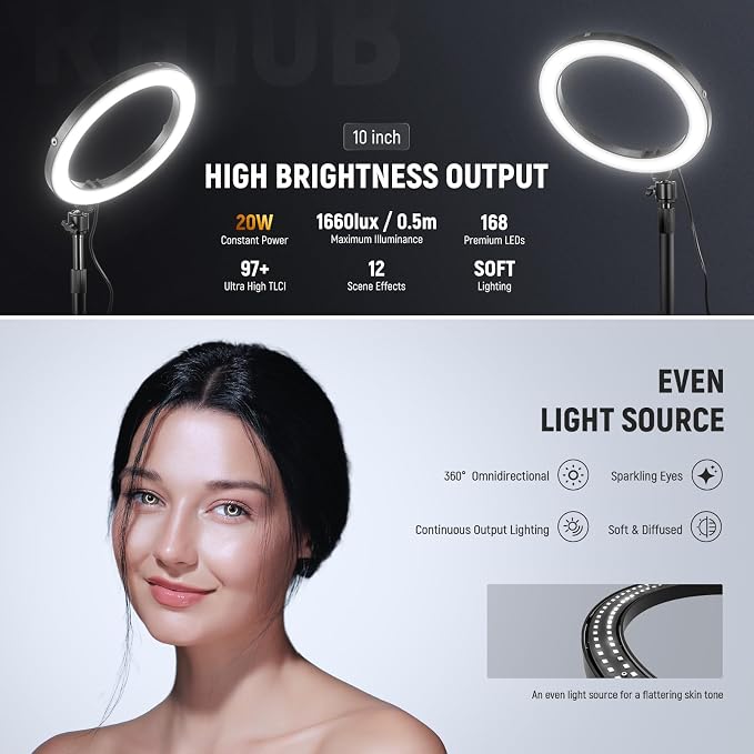 NEEWER 10" 20W LED Ring Light with Desk Stand Phone Holder for iPhone Laptop, Bi Color 2900K-7000K, USB C PD Input, CRI97+ 1660LX/0.5m, Selfie Makeup TikTok Recording Video Conference Lighting, RH10B - Image 2