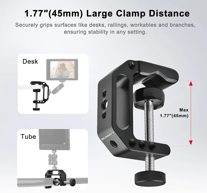 Camera Clamp Mount C Clamp with 1/4'' Screw Magic Arm - Perfect for Cameras, LED Video Lights, Monitors, Flash, Desk, Microphone, Action Camera - Image 3